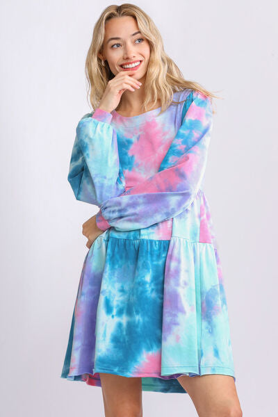Umgee Full Size Tie Dye Round Neck Long Sleeve Babydoll Tiered Dress Plus Size