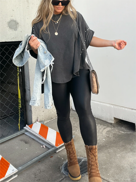 🔥Washed Roll Sleeve Studded Oversized Short Sleeve Top (Buy 2 Free Shipping)